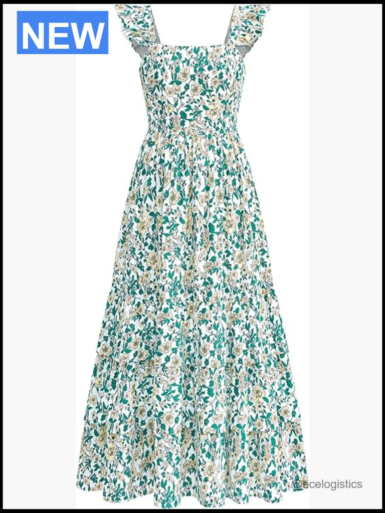 Casual Smocked Tiered A-Line Boho Maxi Beach Dress With Pockets